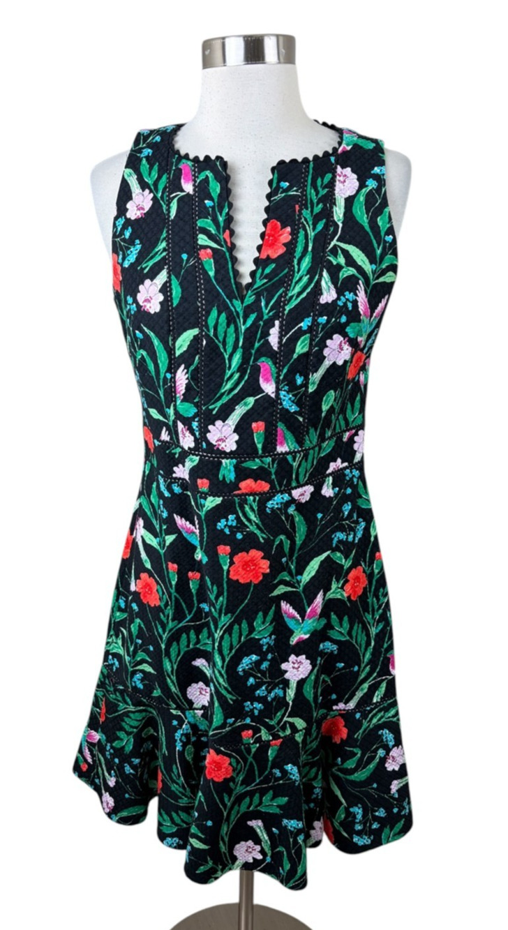 Kate Spade Jardin Tile Jacquard Black Floral hummingbird Ruffled Hem Sleeve 6